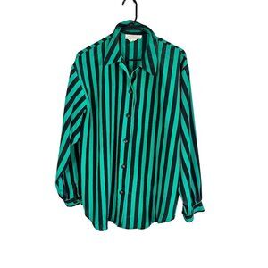 Retro Striped‎ Shirt Green M Festive Holiday Preppy Classic Chic Artsy Work Wear